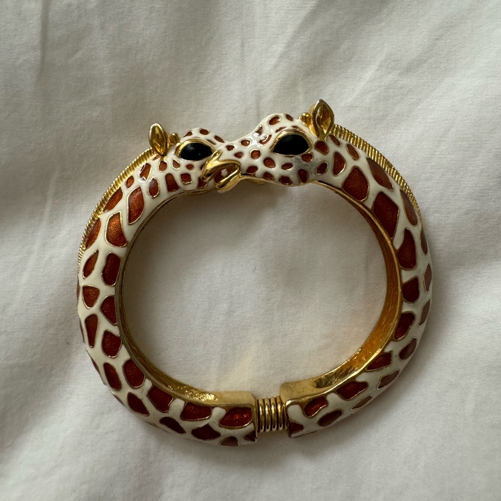 Signed KJL Kenneth Jay Lane Double Giraffe Enamel Brown Clamper Spring Bracelet